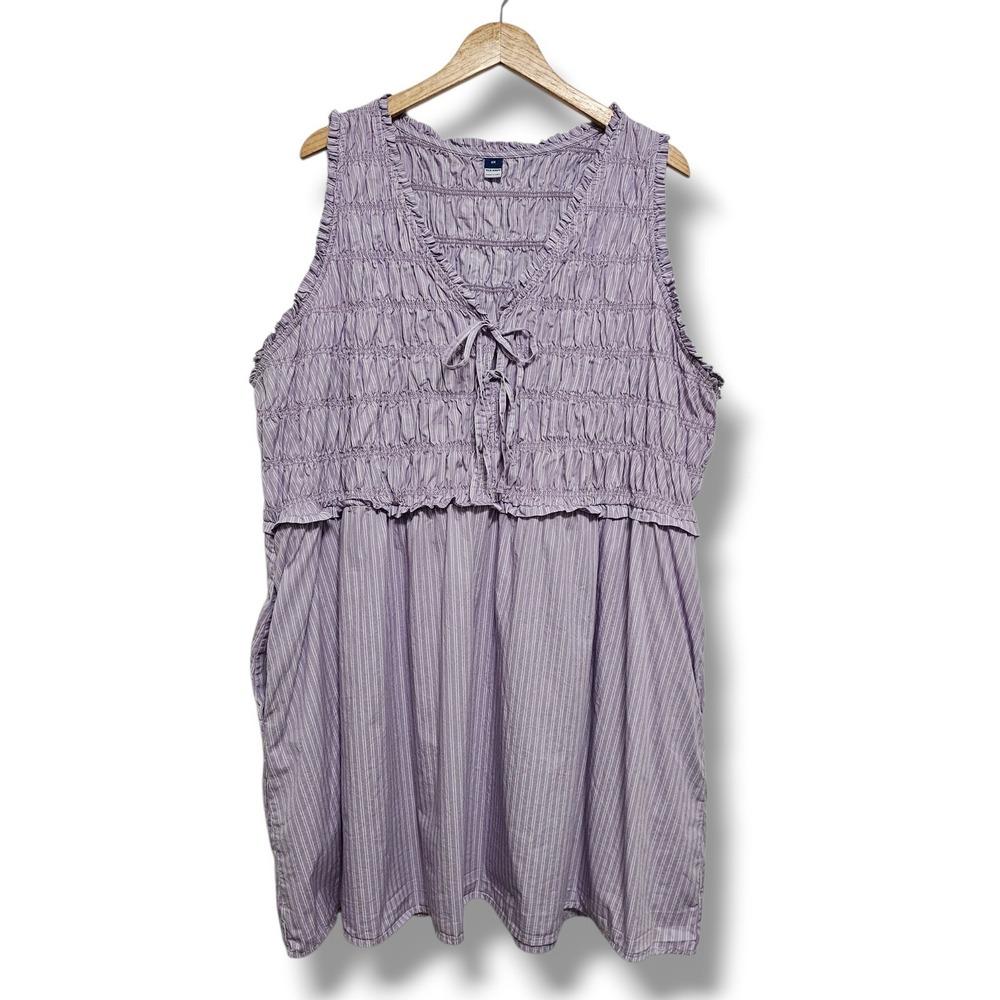 Old Navy Mini Dress 3X Purple White Striped Smocked Sleeveless Cottage Pockets